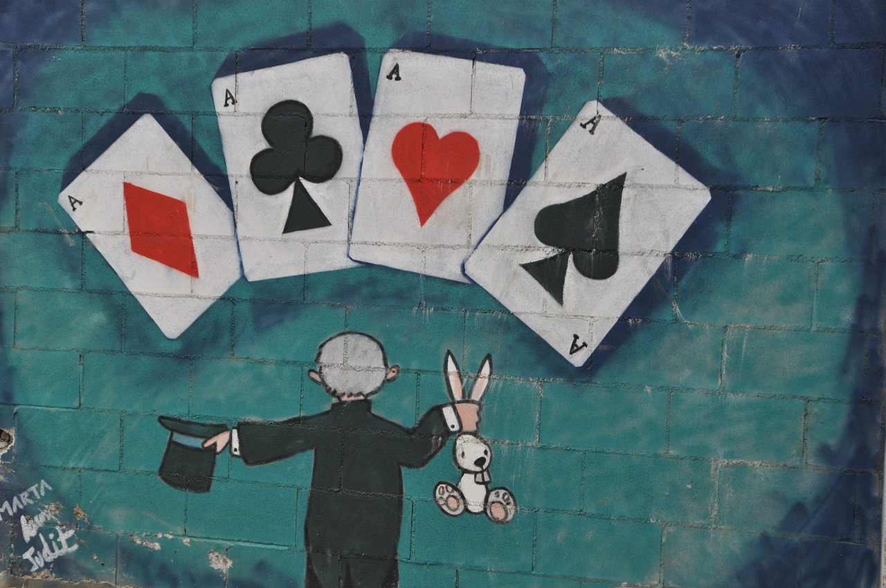 guy looking at cards mural